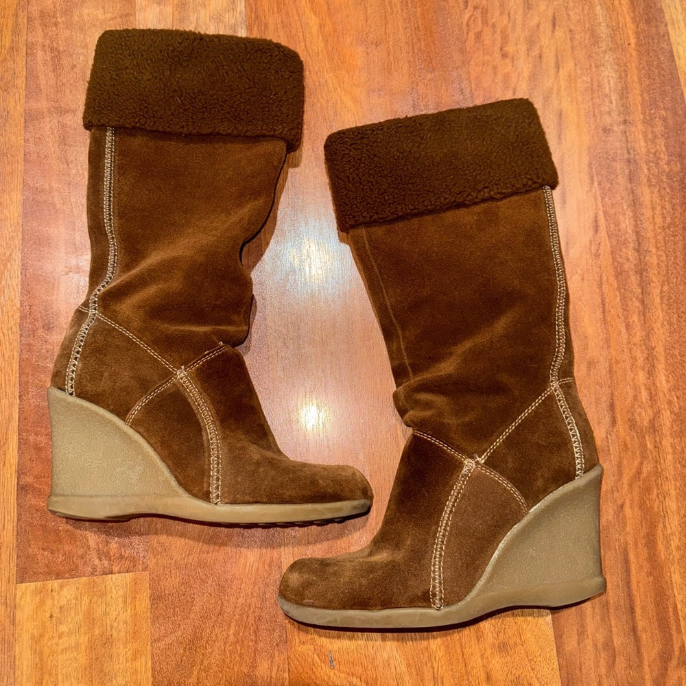 Kenneth Cole Y2K Brown leather suede knee Hugh fur Wedge Boots size 7.5